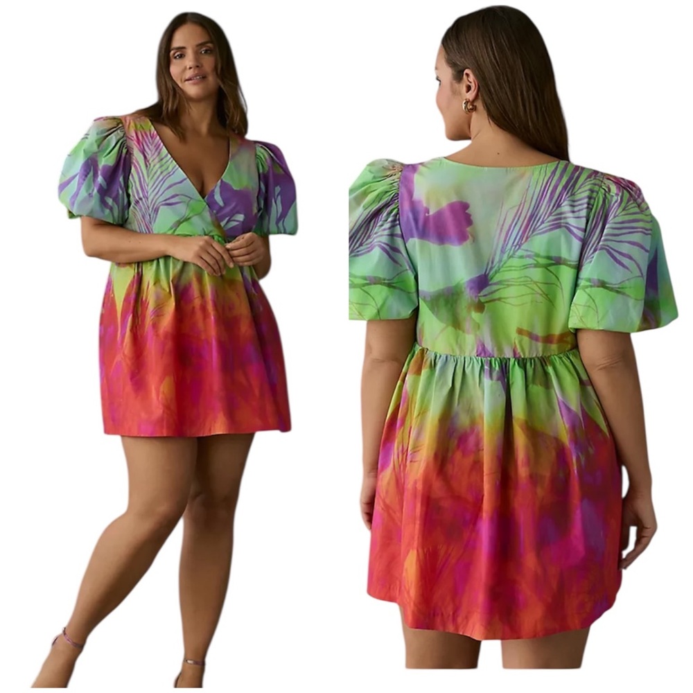 Plenty by Tracy Reese Bold Tropical Surplice Puff Sleeve Mini Dress Small